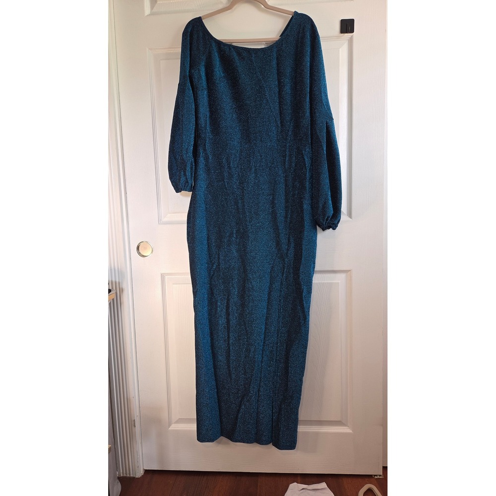 Teal Blue Glitter Maxi Dress Long Puff Sleeve Formal Gown XXL